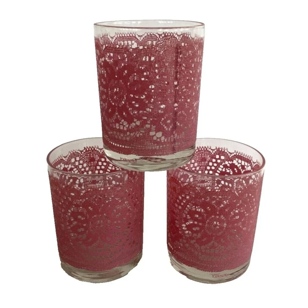 Set of 6 MCM Barware Highball Glasses Pink Lace TasteSetter Vintage Retro RARE
